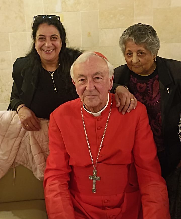 Cardinal Vincent Nichols at Manger Square Hotel, Bethlehem, meeting Friends of the Holy Land grant recipients